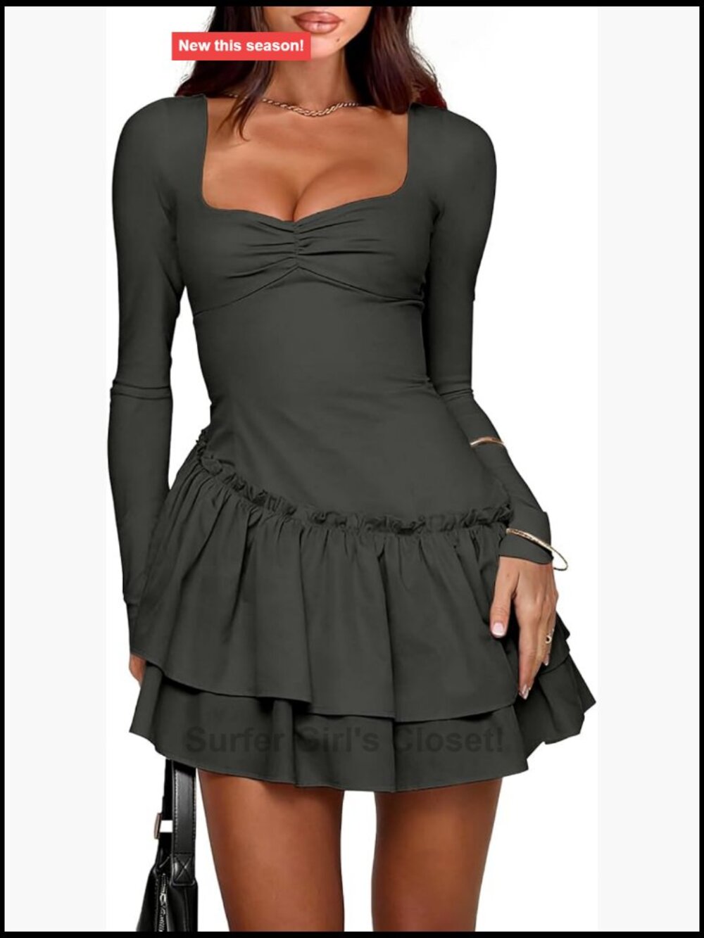 Women's Long Sleeve Mini Dress Sweetheart Neck Flowy Ruffle Hem Club